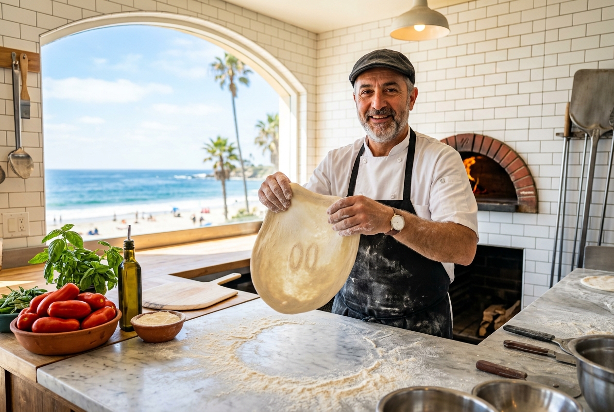 Chef hands dusting flour on fresh Neapolitan dough