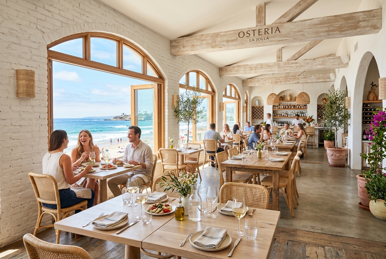 Dining tables lit by candles inside rustic osteria