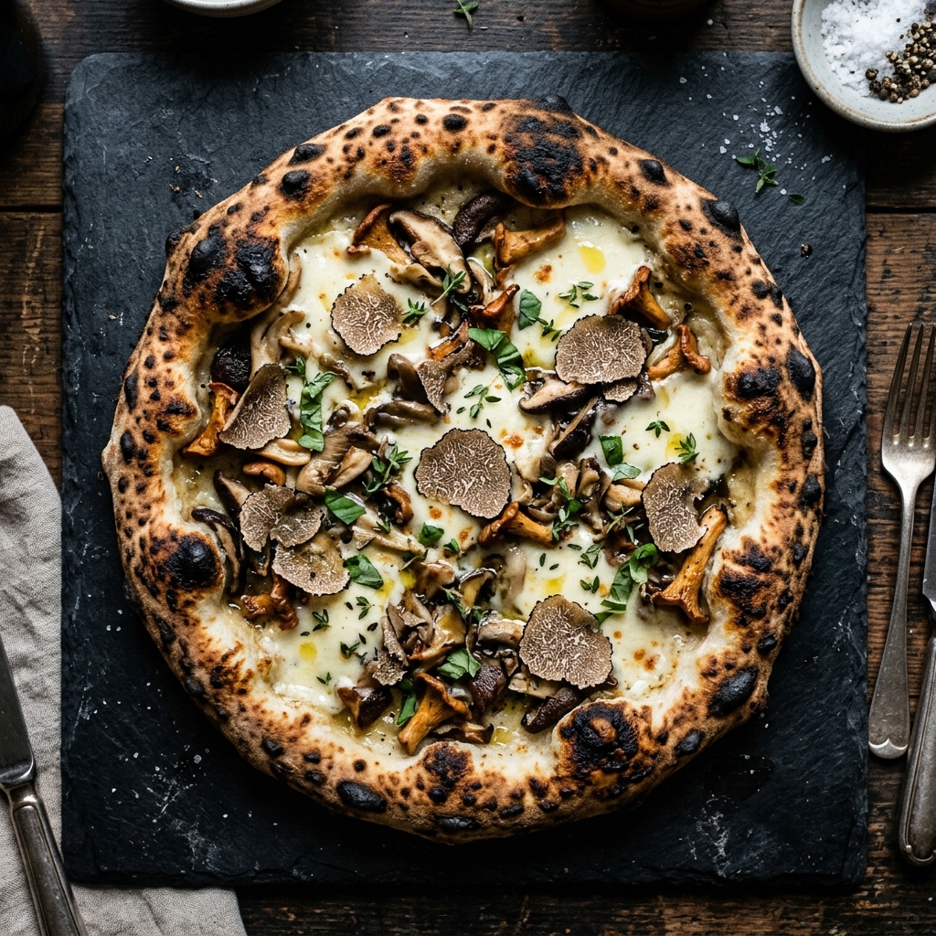 Midnight Truffle Pizza with white cheese and shaved truffles